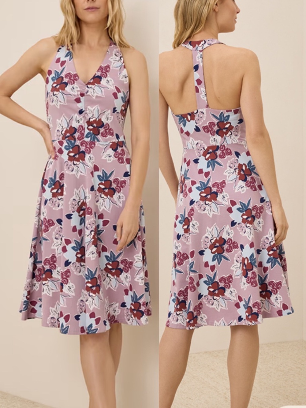 Pact Fit & Flare Gathered Halter Dress in Fresh Flora Lavender Haze Sz XS